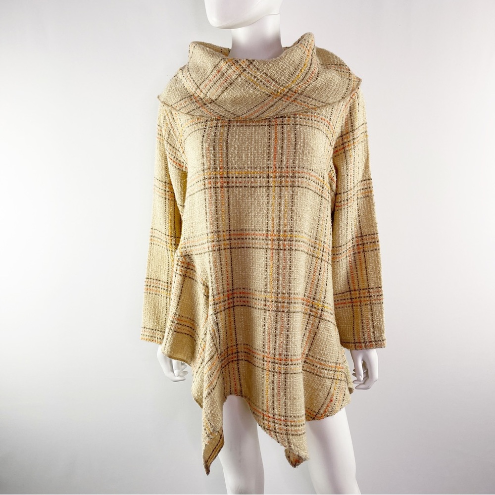 Kekoo Size 1 US L Tan Plaid Tweed Knit Long Sleeve Lagenlook Tunic Sweater Top